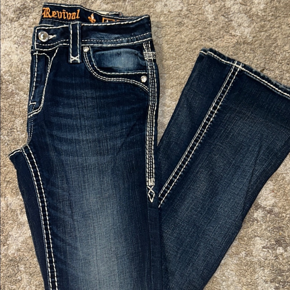 Rock Revival Blue Boot Cut Jeans with Contrast Stitching